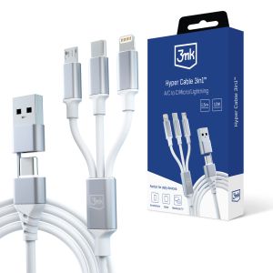 USB-A/USB-C to USB-C/Micro/Lightning Cable 1.5m - 3mk Hyper Cable 3in1™ White