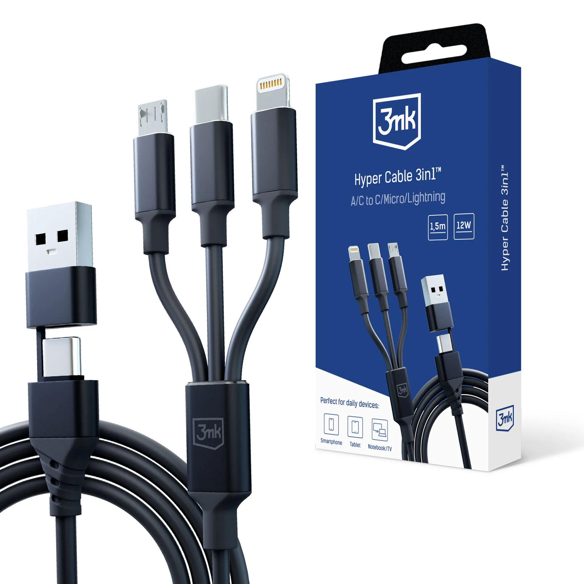 USB-A/USB-C to USB-C/Micro/Lightning Cable 1.5m - 3mk Hyper Cable 3in1™ Black