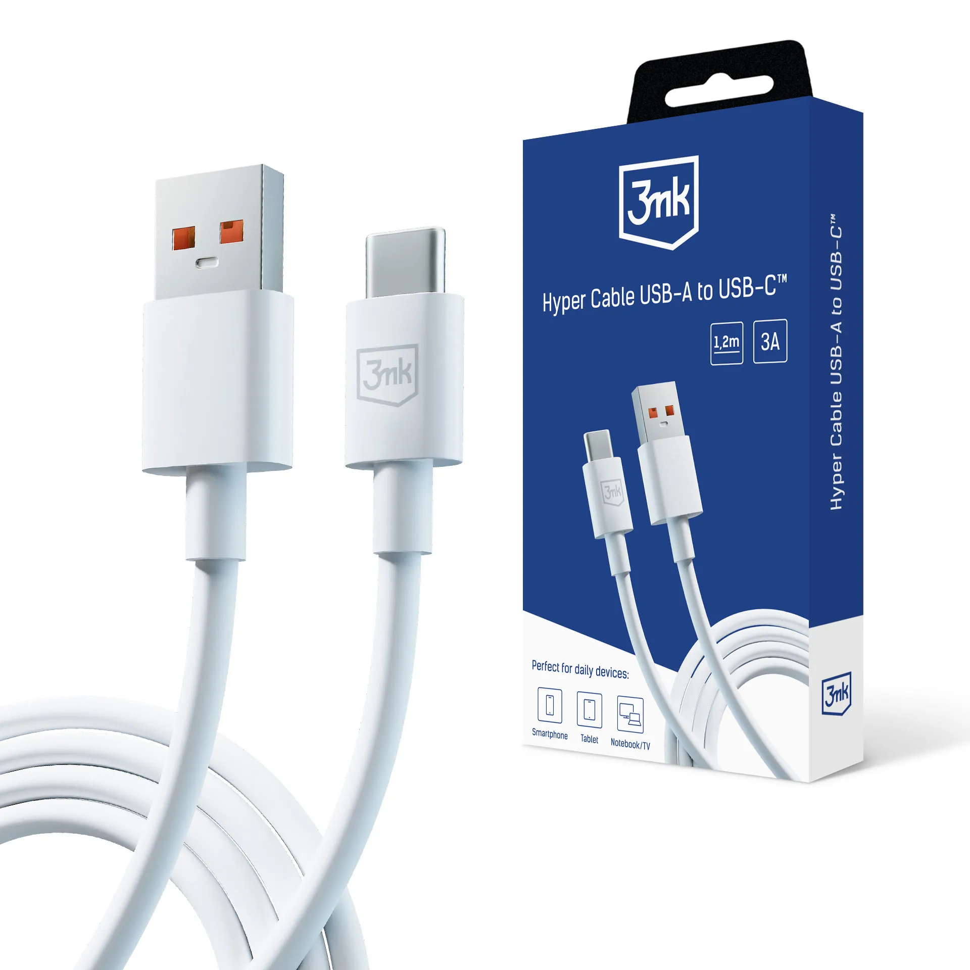 USB-A to C Cable 60W 3A 1.2m - 3mk Hyper Cable White